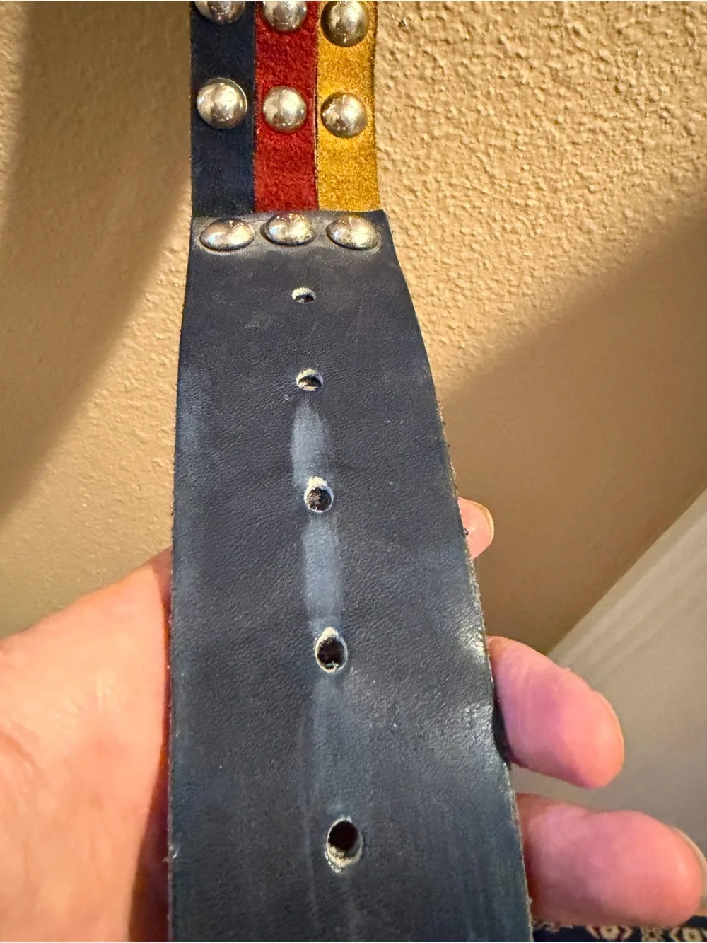 Vera Neumann Vintage 1980’s Leather Three Colors Navy Yellow Red Metal Stud Belt
